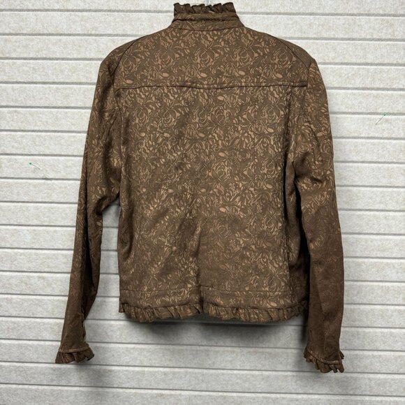 Coldwater Creek Women’s S Brown Brocade Jacket Ruffle Trim Color-Lining Luxury - Picture 2 of 10